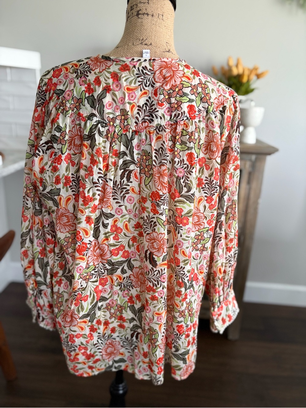 Johnny Was Floral Long-Sleeve Peasant Blouse - Coral, Green, Cream - Picture 2 of 3